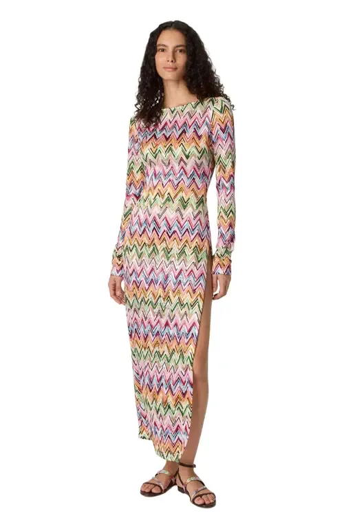 Long-Sleeved Dress in Stretch Viscose with Lace and Zigzag Motif by Missoni