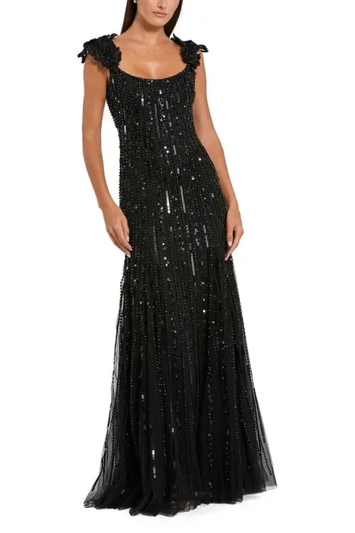 Floral Shoulder Sequin Mesh Evening Gown by Mac Duggal