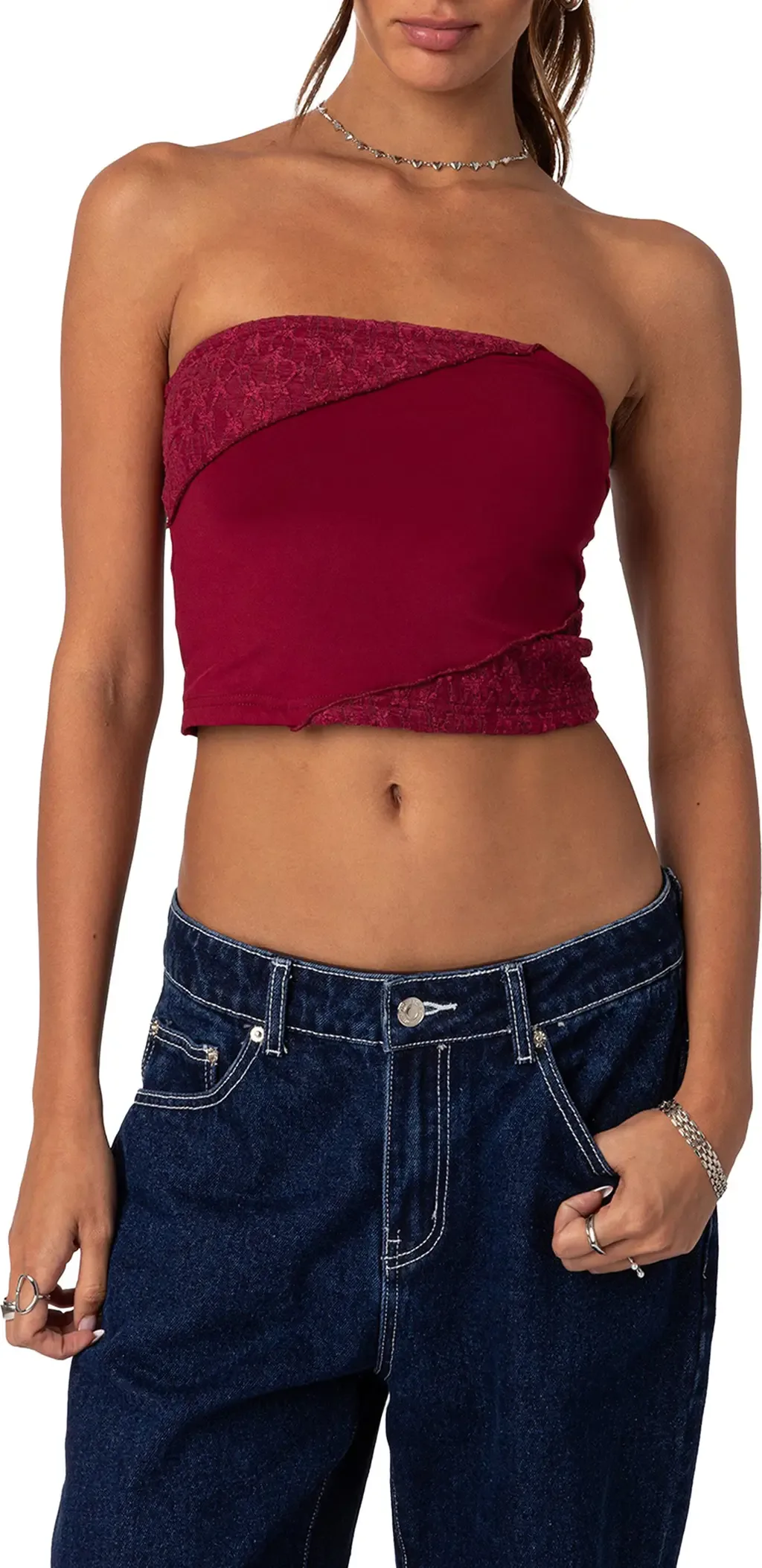 Lace Patchwork Crop Tube Top by EDIKTED