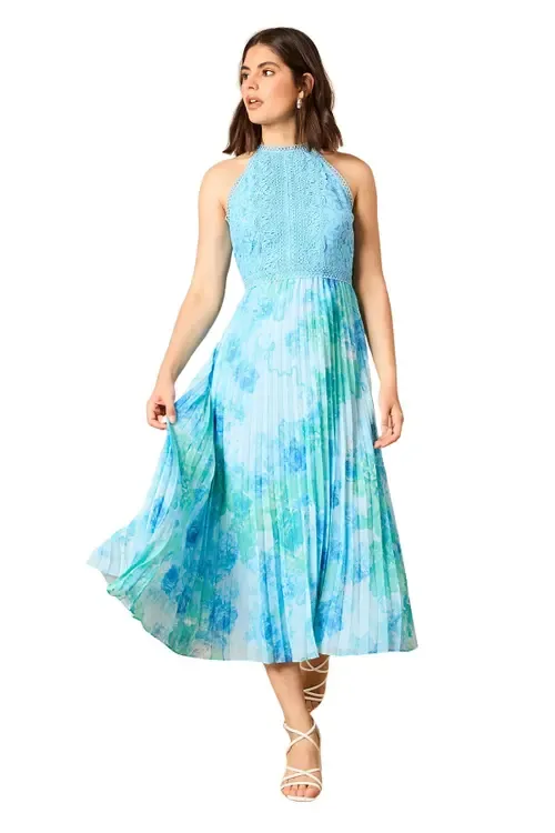 Printed Lace Mix Halterneck Midi Dress by Oasis