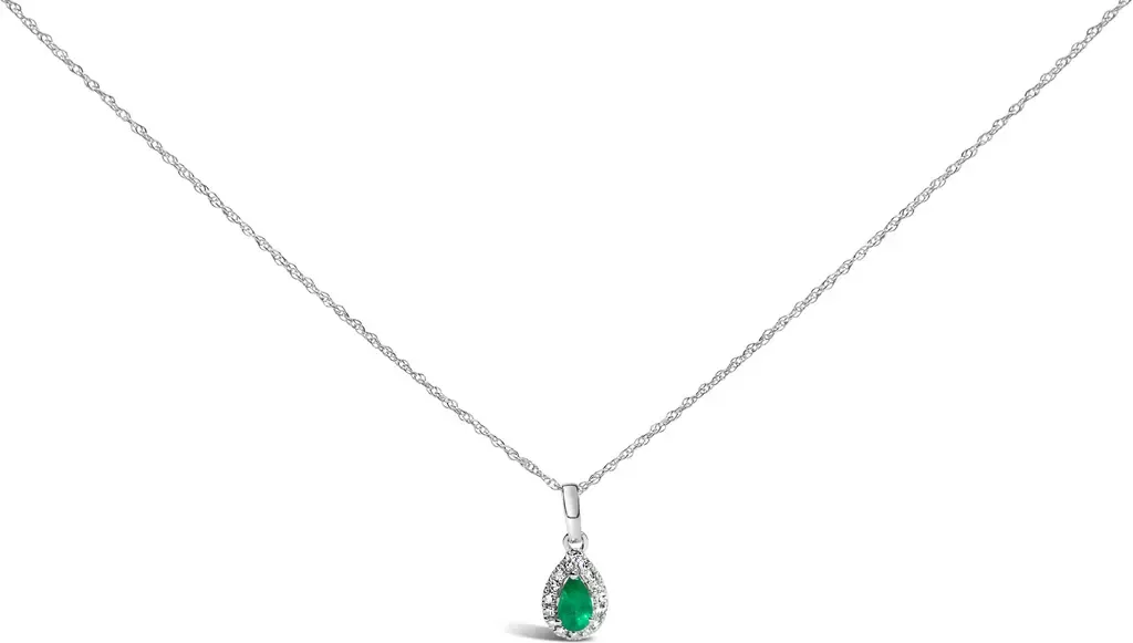 10K White Gold 5x3mm Gemstone and Diamond Accent Halo Pear Shape 18" Pendant Necklace in Green Emerald by Haus of Brilliance