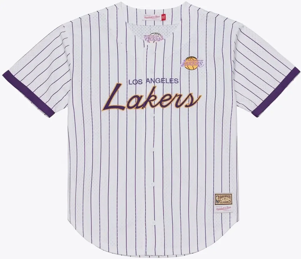 Mitchell & Ness White Los Angeles Lakers Head Coach Pinstripe Mesh Full-Button Baseball Jersey by Mitchell & Ness