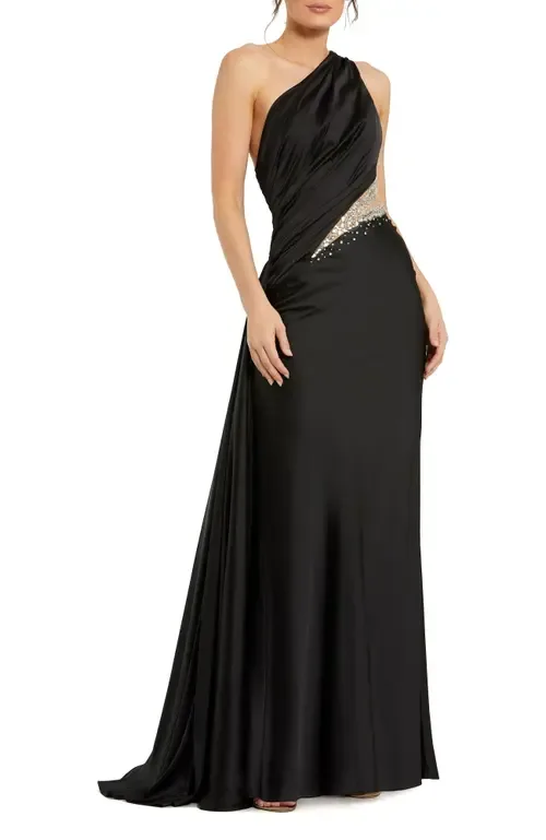 One Shoulder Charmeuse Gown with Beaded Cutout by Mac Duggal