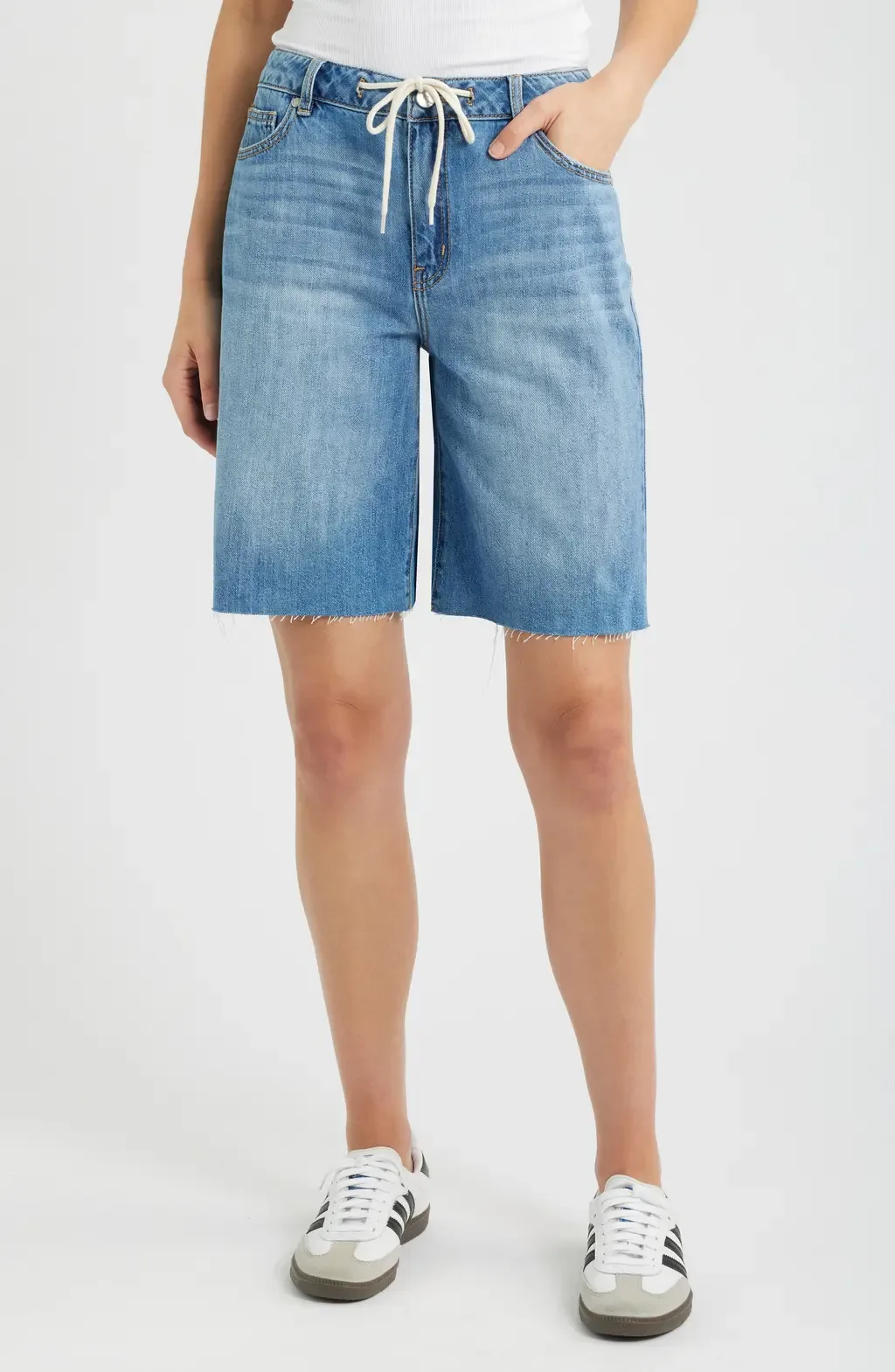 Raw Hem Drawstring Long Denim Shorts by 1822 Denim
