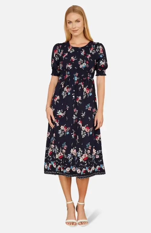 Smocked Bodice Floral Ruched Midi Dress by Yumi