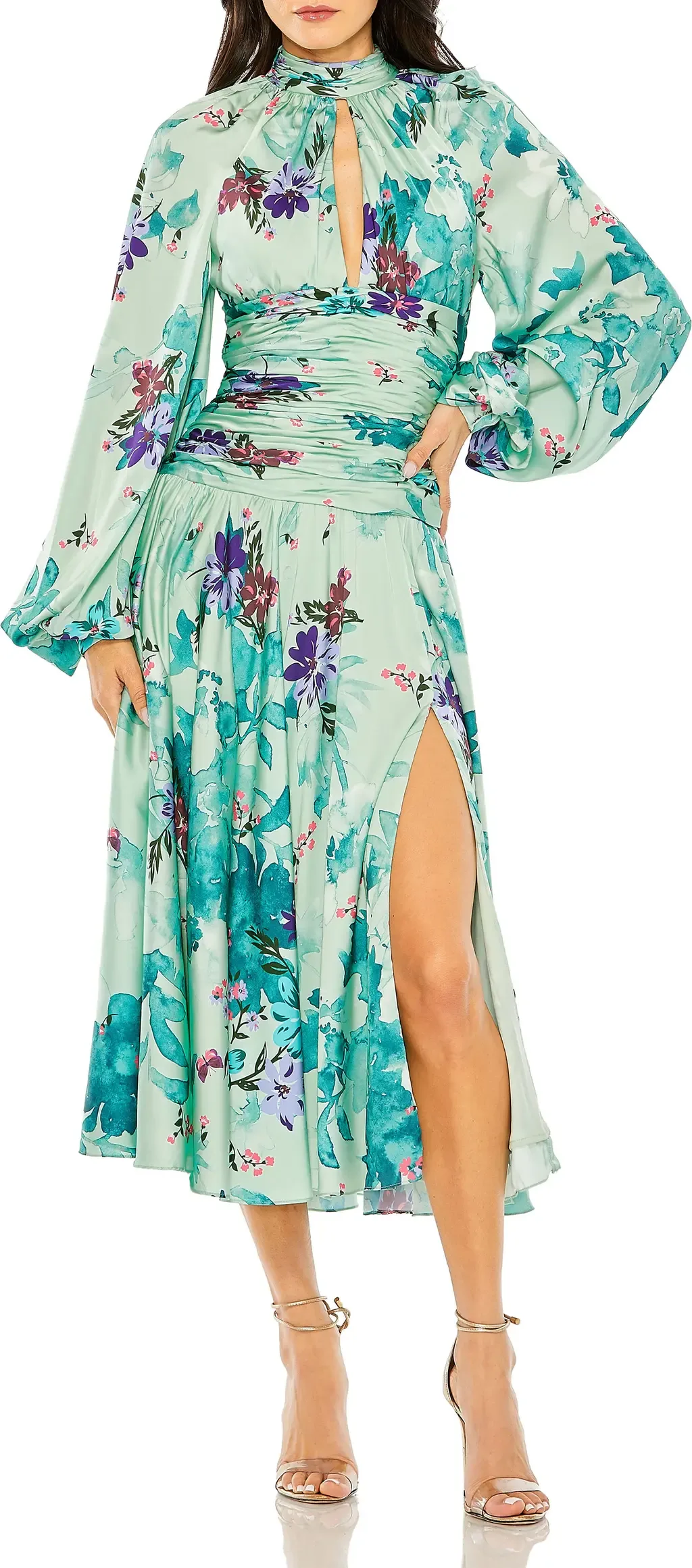 Floral Print Satin Long Sleeve Keyhole Gown by Mac Duggal
