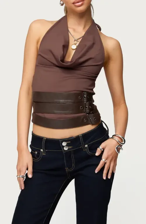 Buckle Halter Neck Open Back Crop Top by EDIKTED