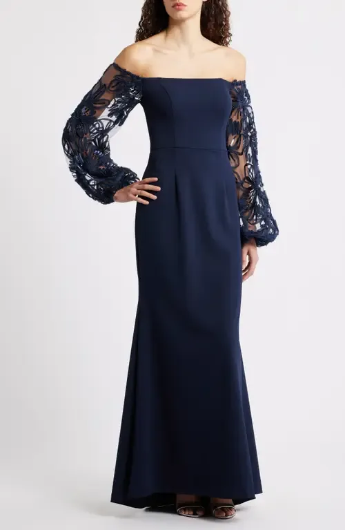Sequin Balloon Long Sleeve Off the Shoulder Gown by Eliza J