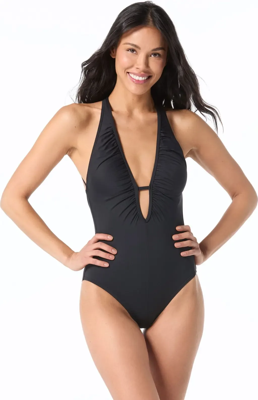 Shirred Plunge Neck One-Piece Swimsuit by Vince Camuto