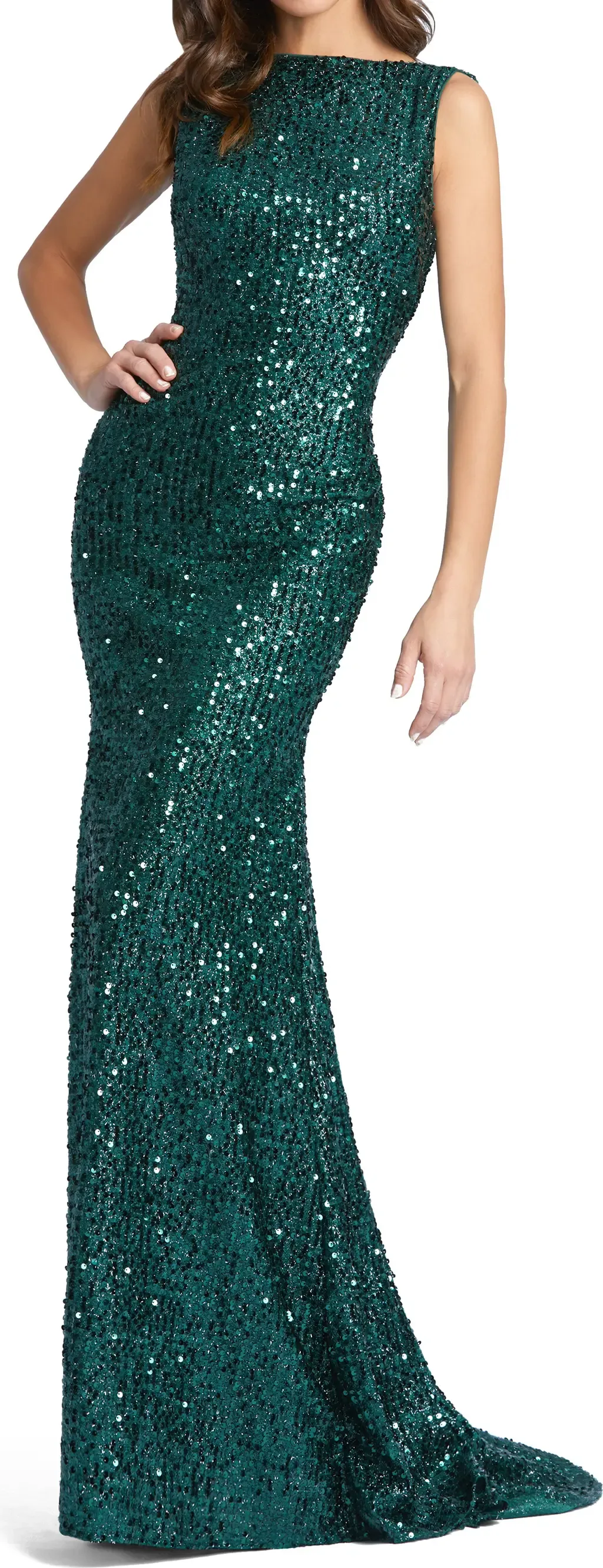 Cowl Back Boat Neck Sequined Evening Gown by Mac Duggal