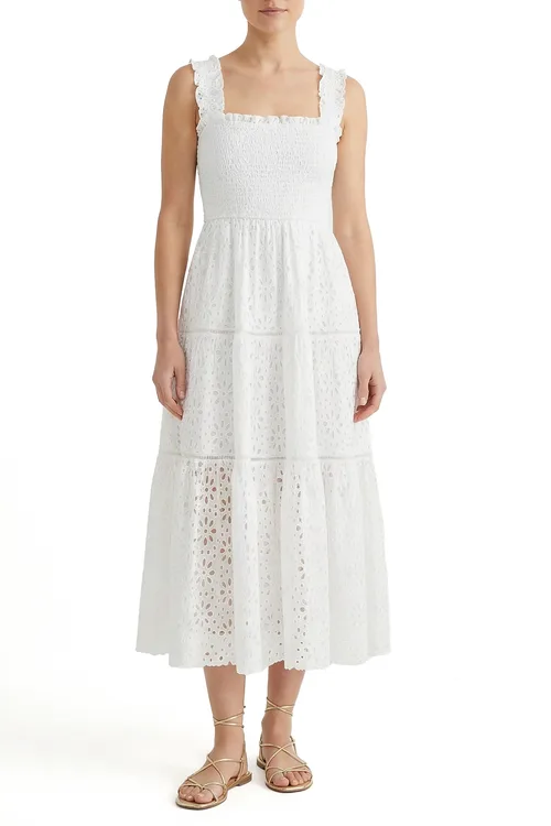 Kristen Sleeveless Smocked Eyelet Midi Dress by Change of Scenery