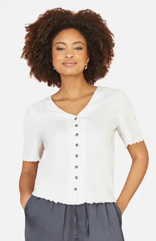 Cotton Button Detail T-Shirt by Yumi