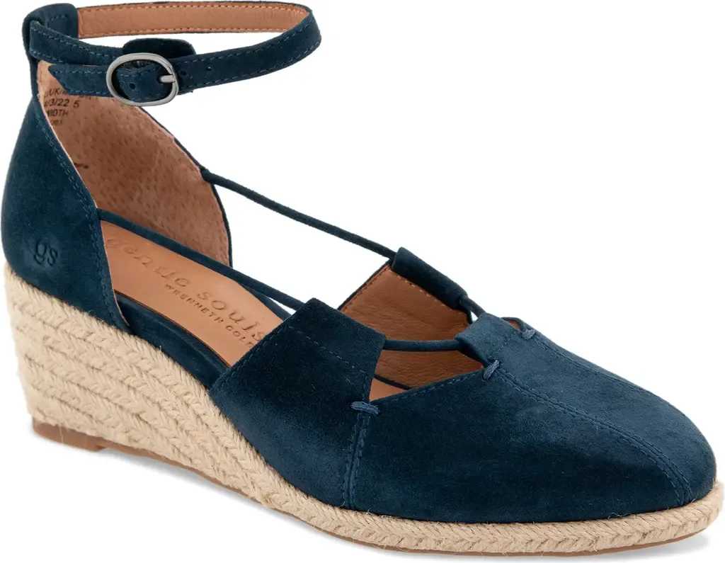 Ori Ankle Strap Platform Wedge Espadrille in Navy Suede by Gentle Souls