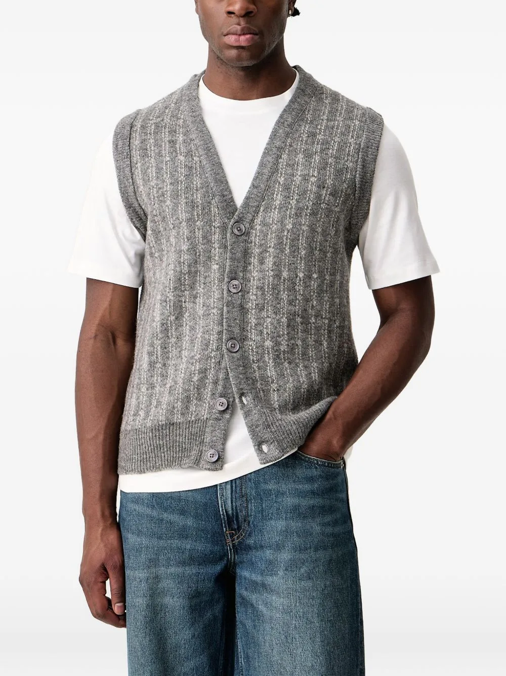 Cable-Knit Button-Up Sleeveless Cardigan by Lindbergh