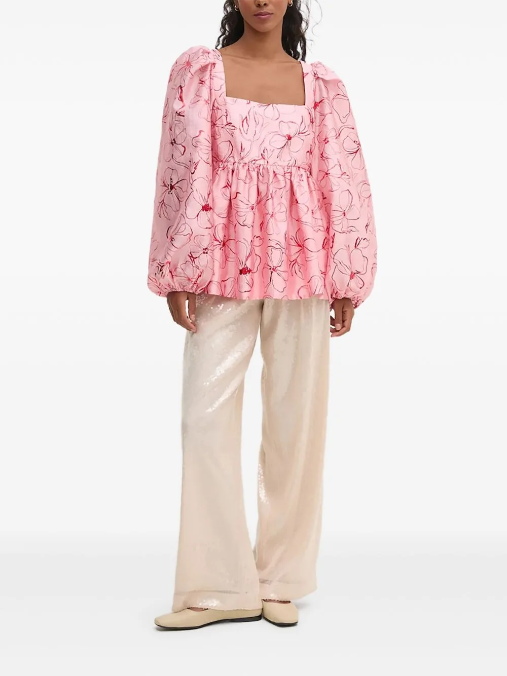 Balloon-Sleeve Floral Top by Stine Goya