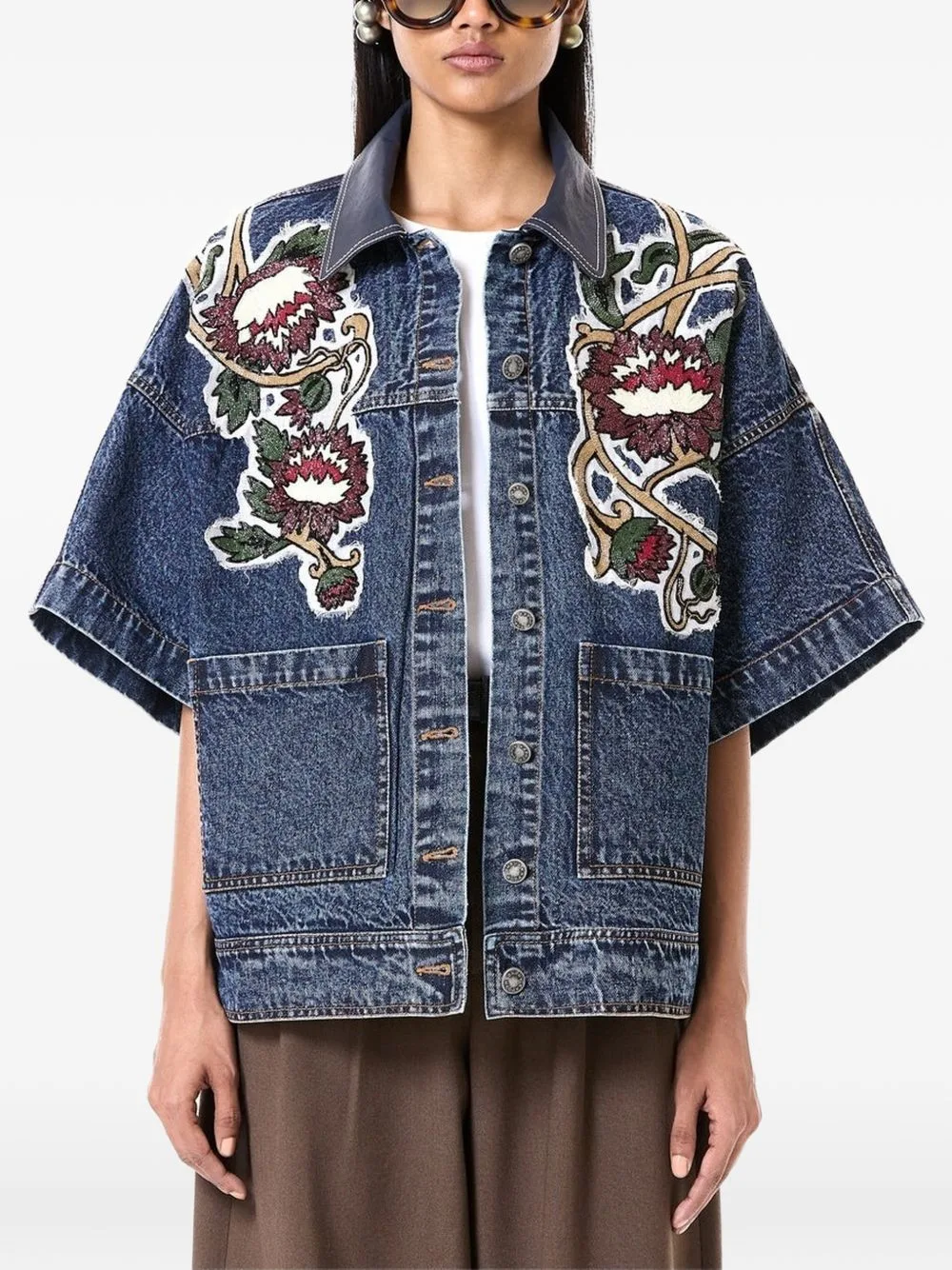Floral-Embroidered Leather-Collar Denim Jacket by DHRUV KAPOOR