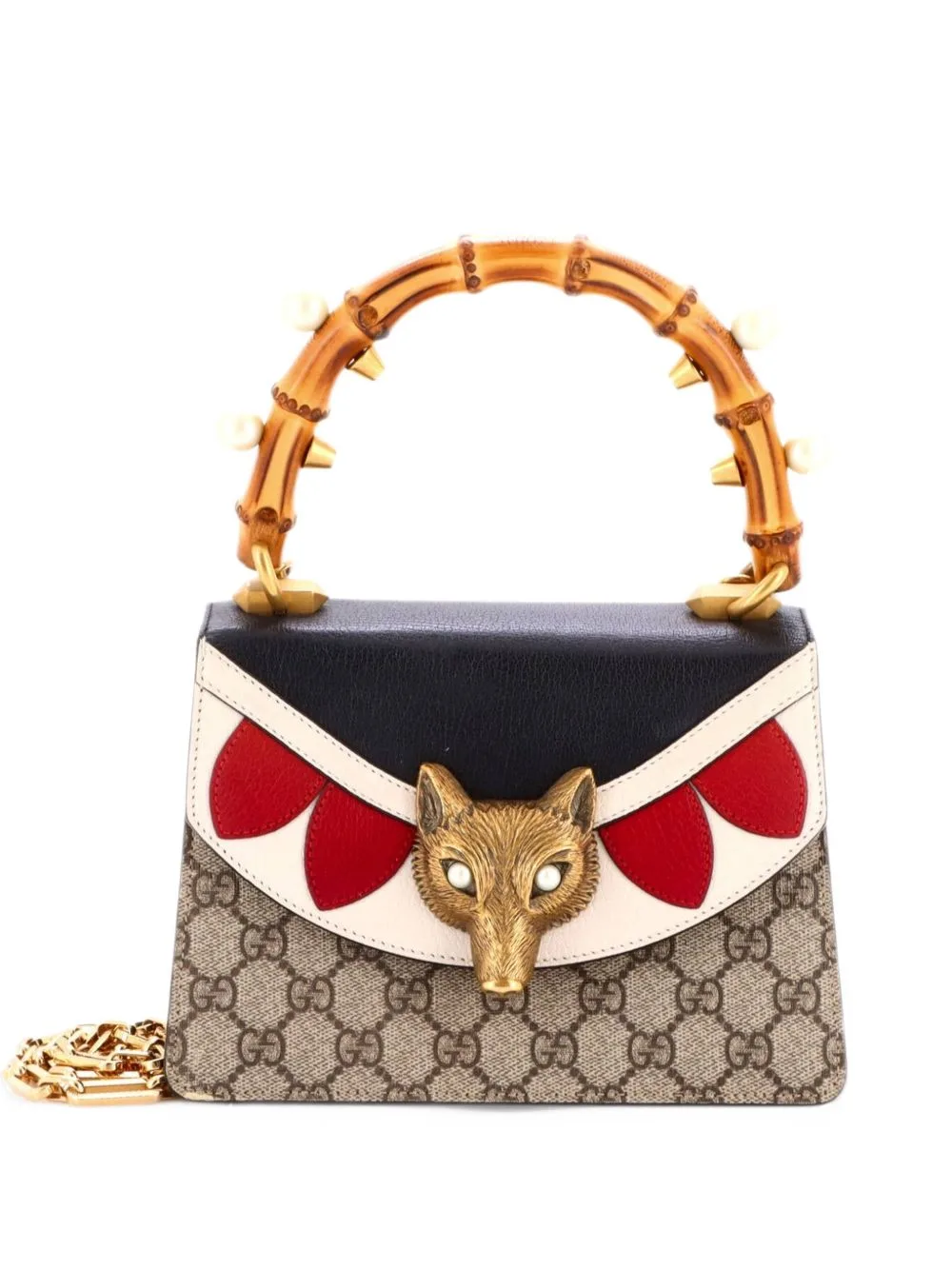 Broche Bamboo Top Handle Bag GG Coated Canvas and Leather Mini Satchel by Gucci Pre-Owned