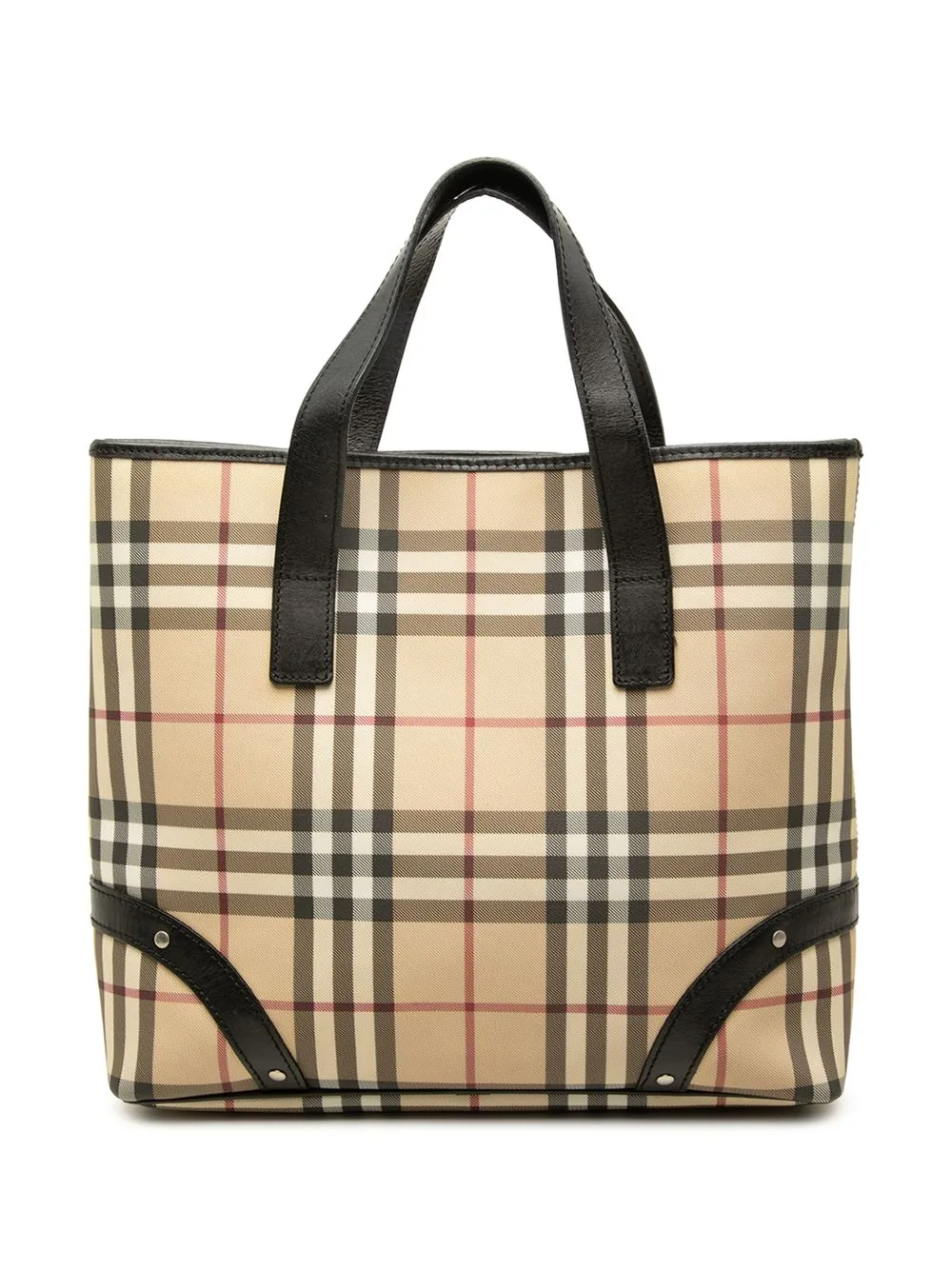 2000-2017 Studded Leather Trimmed House Check Canvas Tote Bag by Burberry Pre-Owned