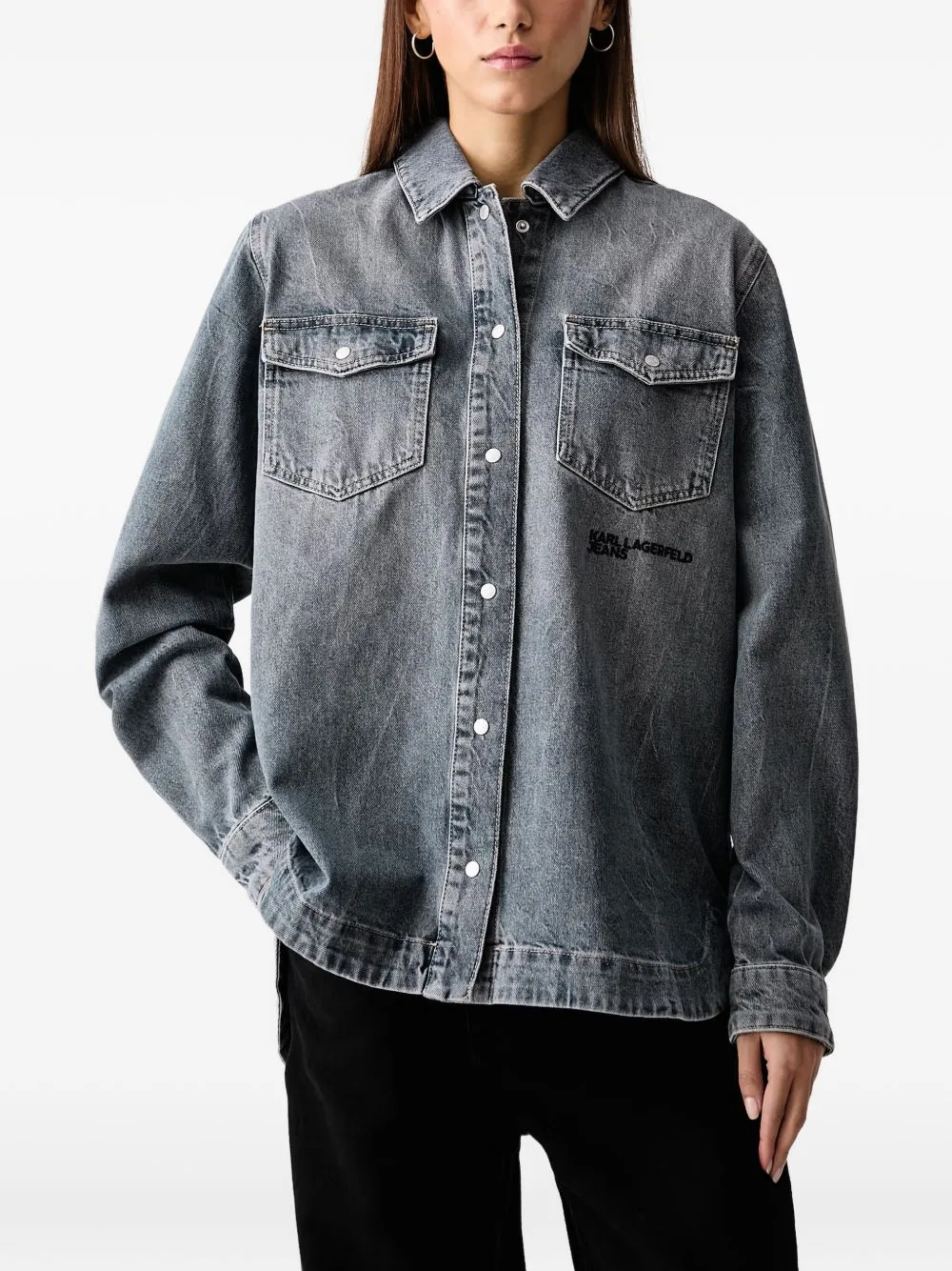 Logo-Embroidered Acid-Wash Denim Shirt by Karl Lagerfeld Jeans