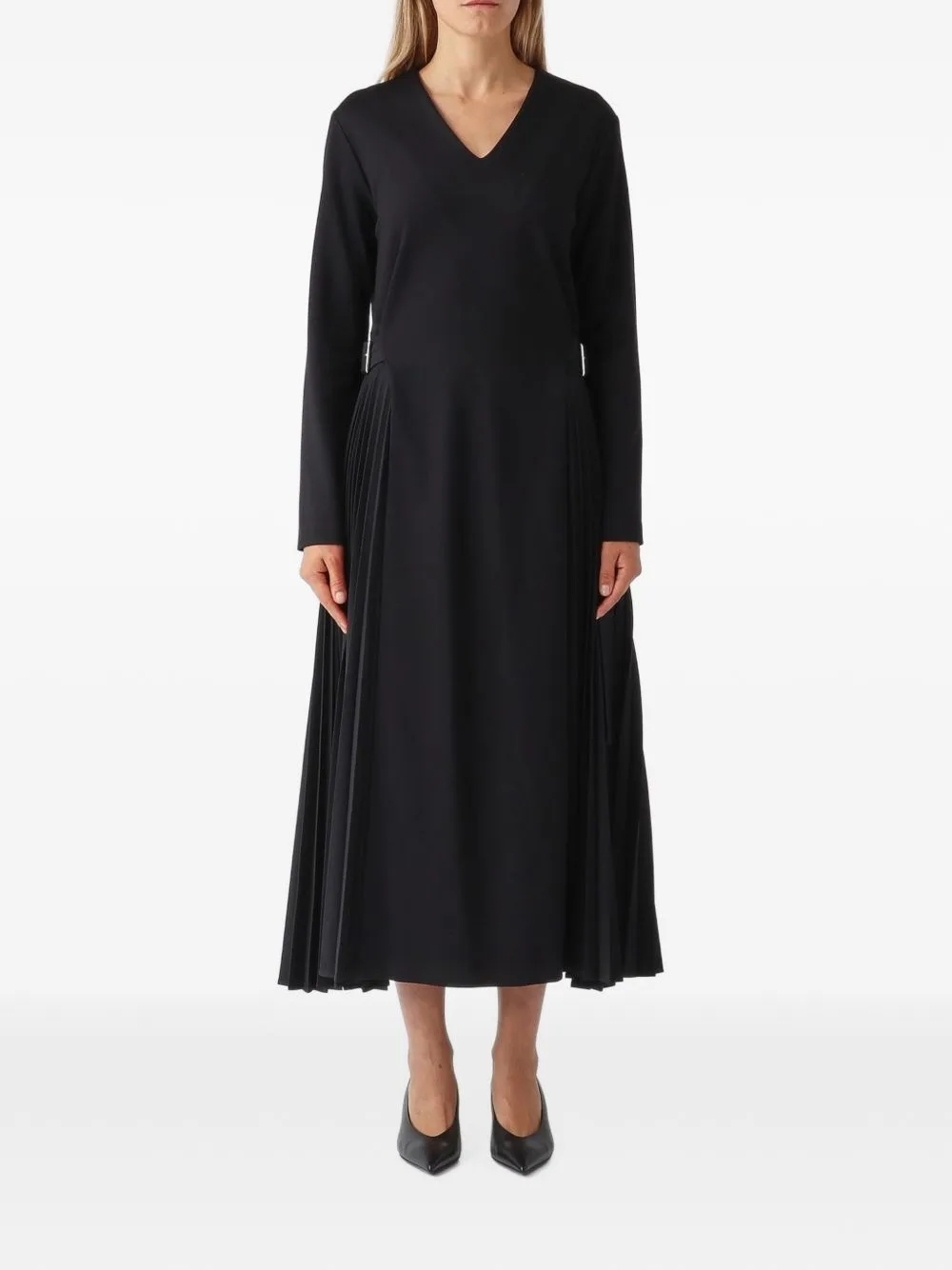 Pleated V-Neck Midi Dress by MeimeiJ
