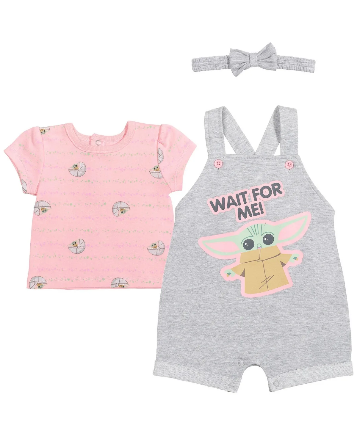 Star Wars Yoda French Terry Snap Short Overalls T-Shirt and Headband 3 Piece Outfit Set by The Mandalorian