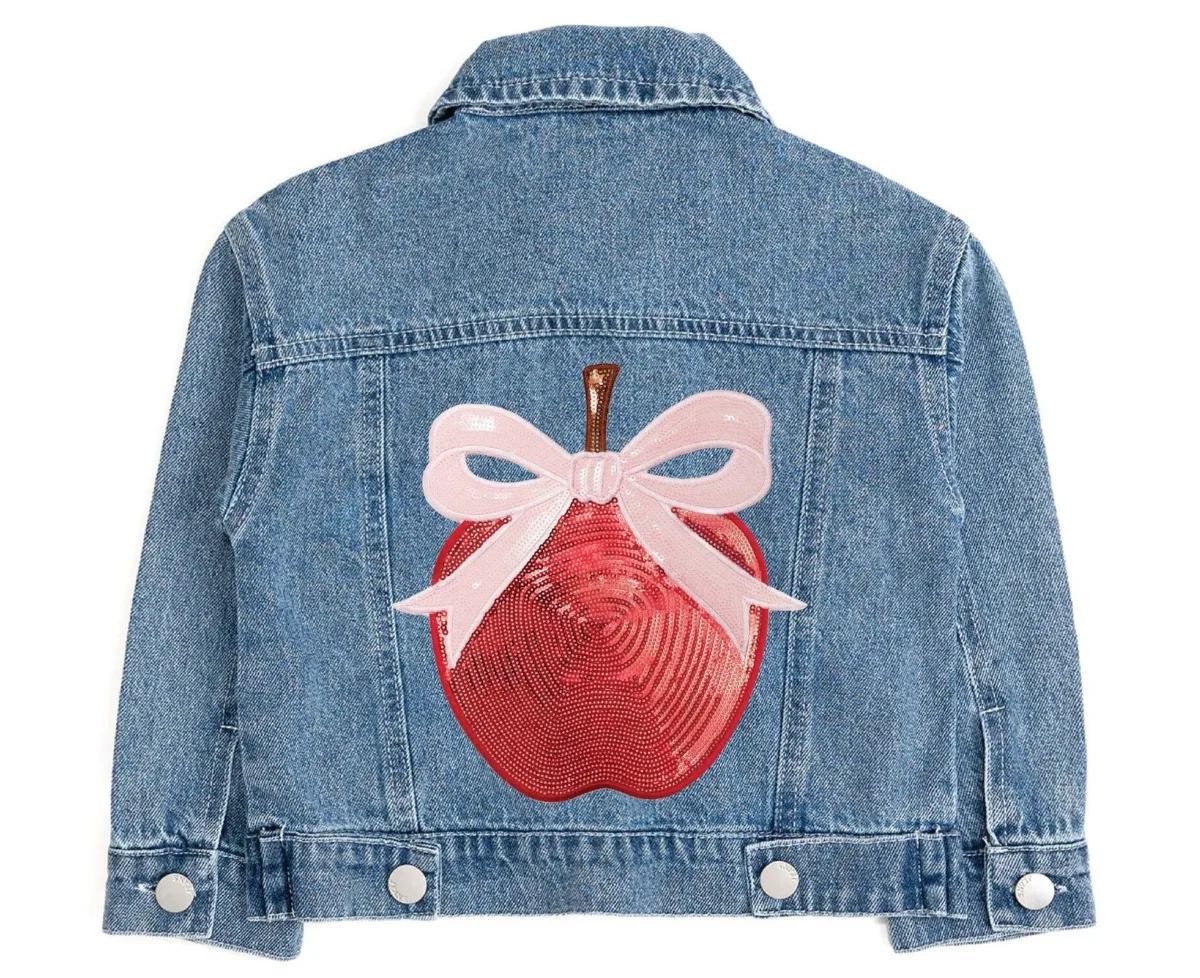 Apple Bow Sequin Patch Denim Jacket by Sweet Wink