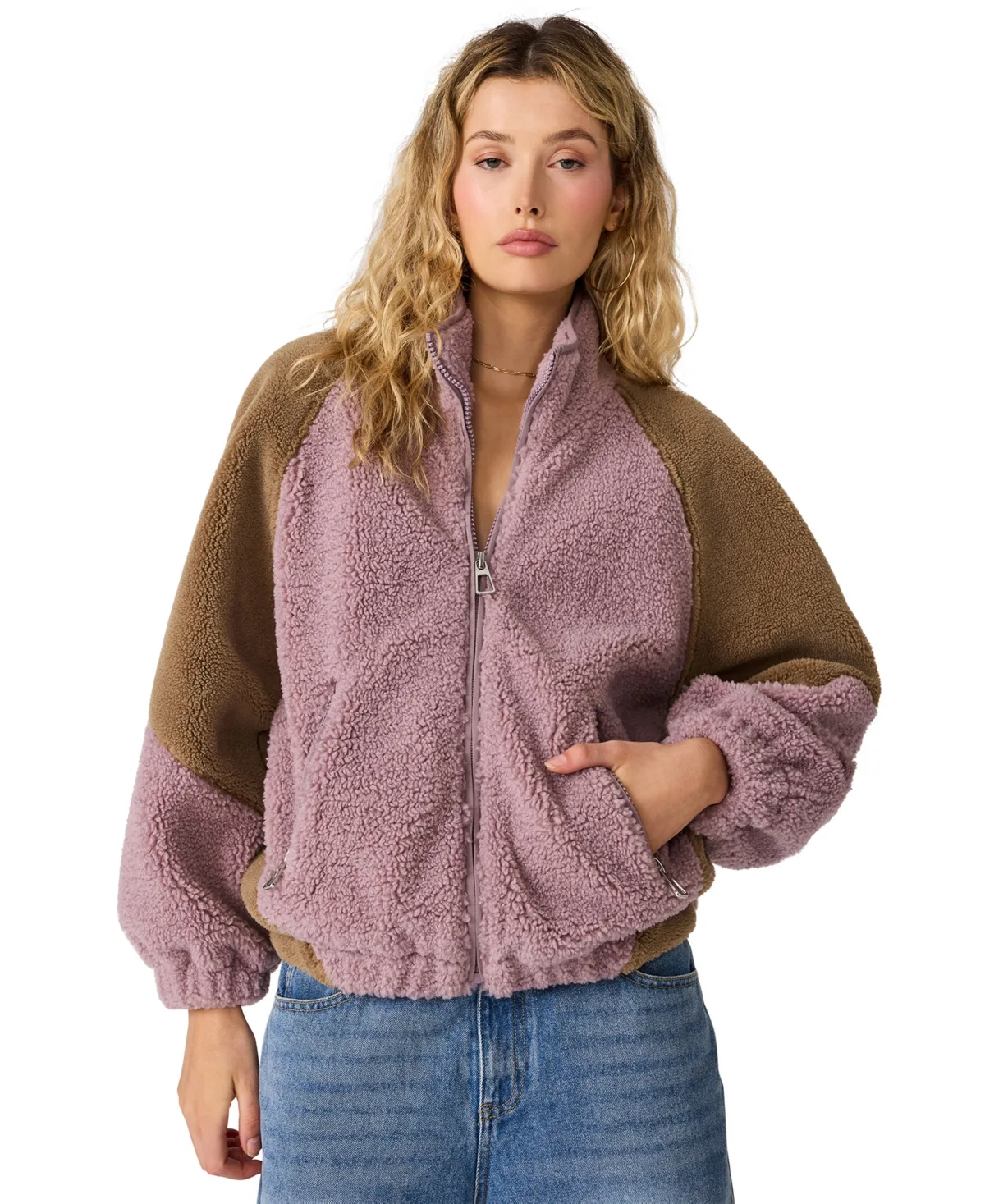 Nina Mock Neck Sherpa Colorblock Jacket by Steve Madden