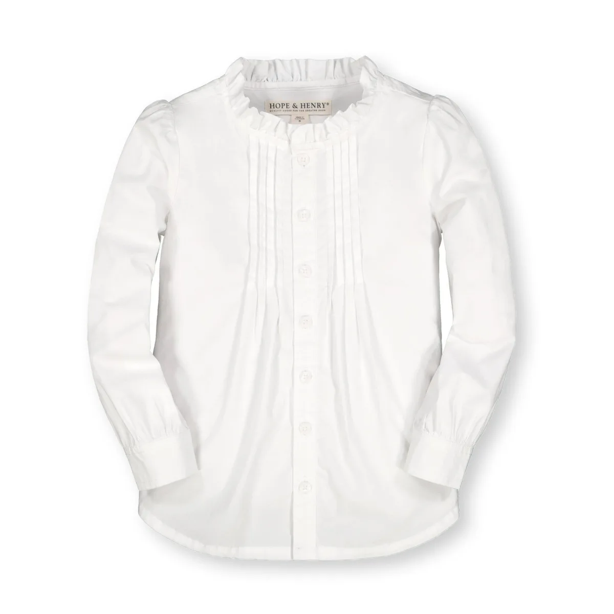 Long Sleeve Ruffle Neck Button Down Blouse with Pintucking by Hope & Henry