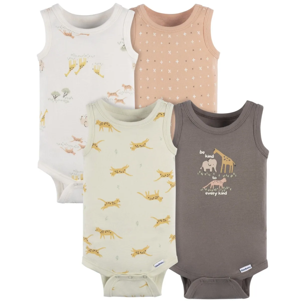 Ivory Safari Sleeveless 4-Pack Onesies Bodysuits by Gerber