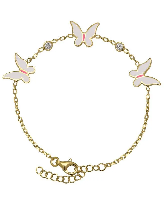 Enamel Butterflies and Cubic Zirconia Bezel Station Chain Link Bracelet in 14K by Lily Nily