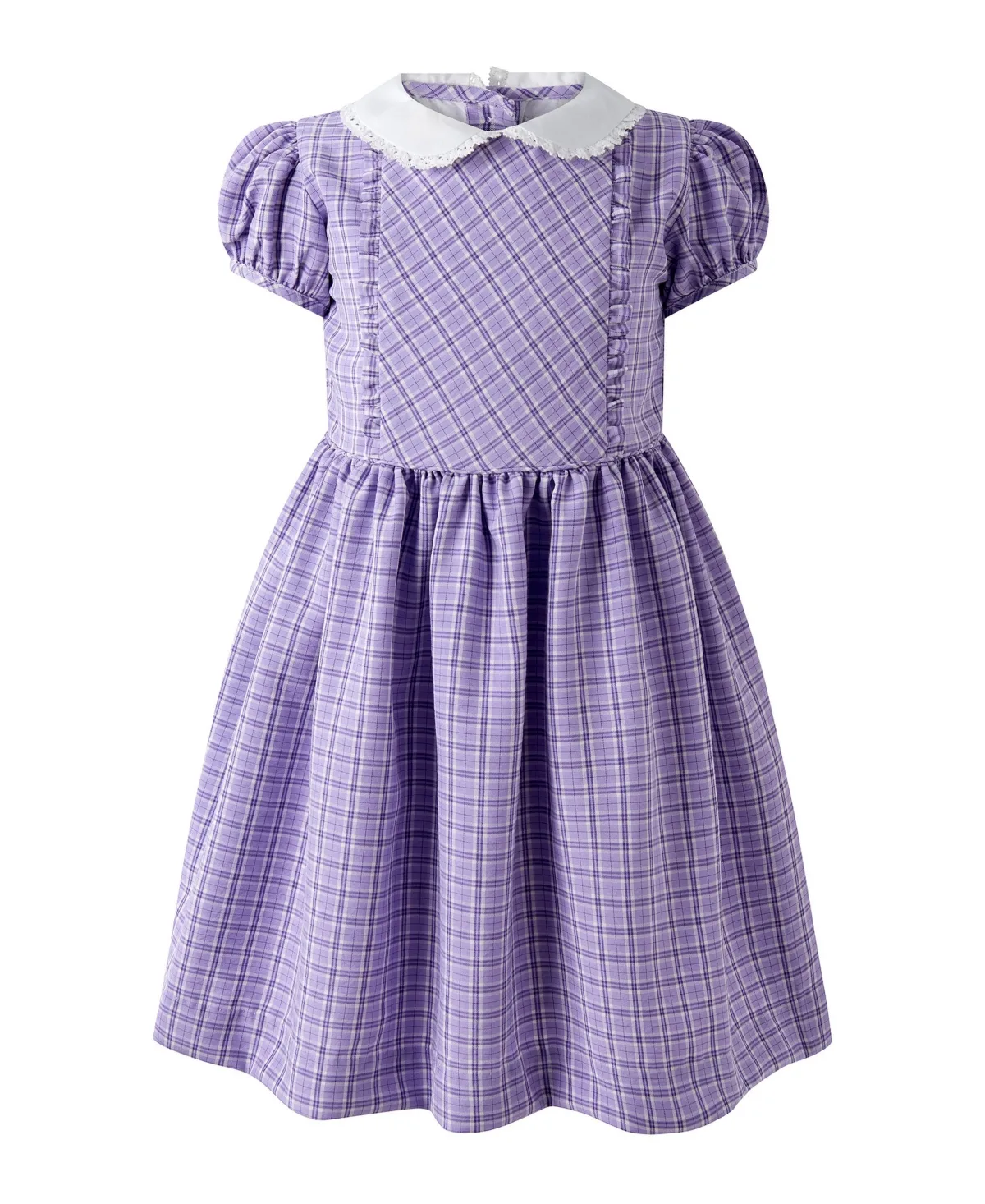 Puff-Sleeve Peter Pan Collar Check Frill Front Dress by Rachel Riley