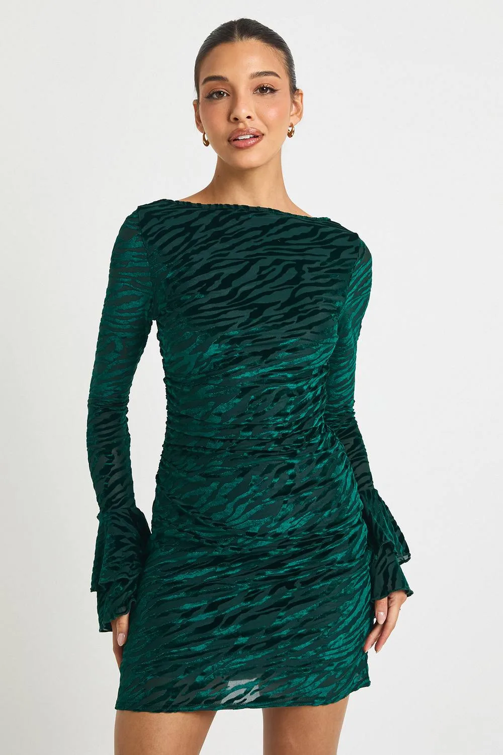 Devore Flare Sleeve Open Back Mini Dress by boohoo