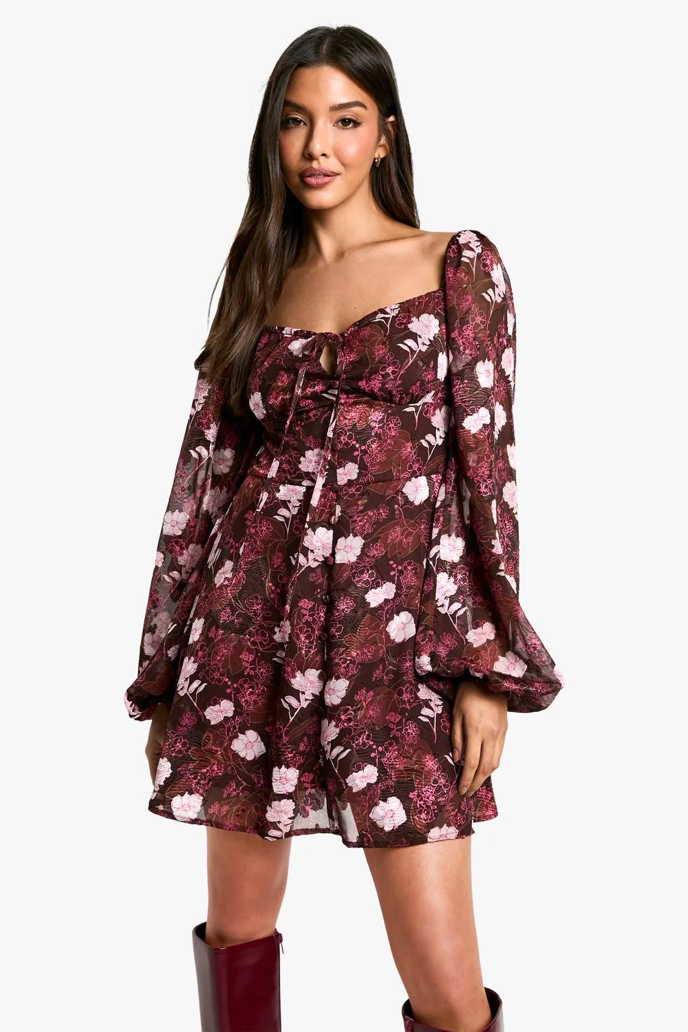 Floral Blouson Sleeve Skater Dress by boohoo