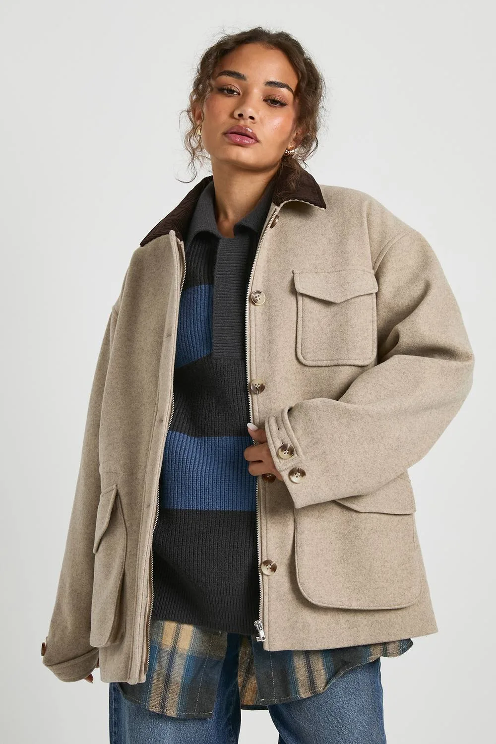 Contrast Cord Collar Wool Look Barn Jacket - Stone by boohoo