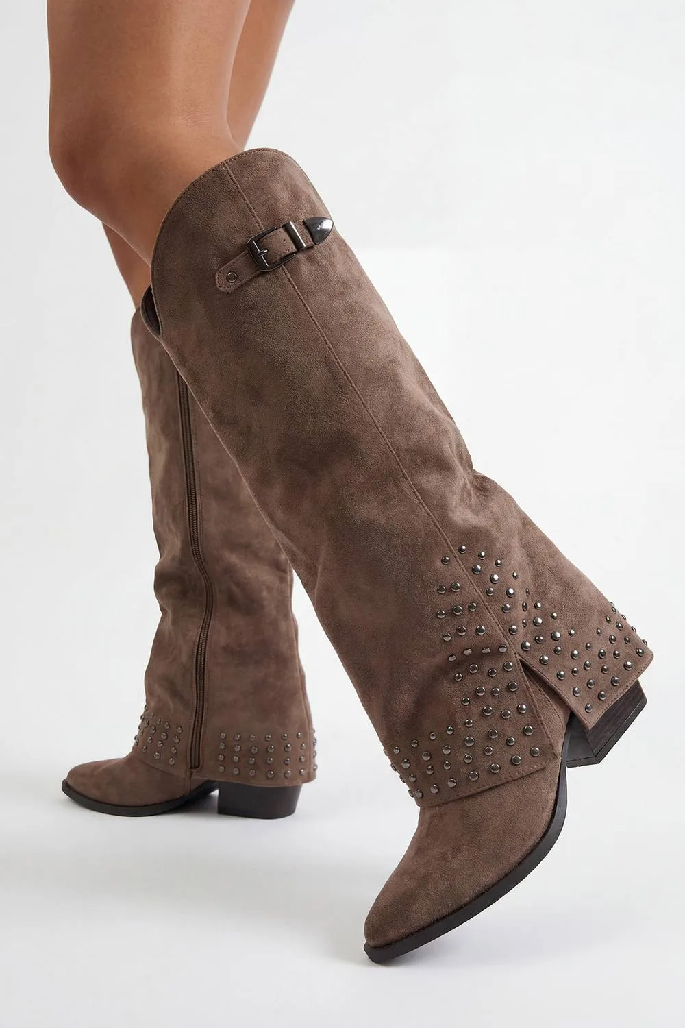 Faux Suede Fold Over Stud Detail Western Boots by boohoo