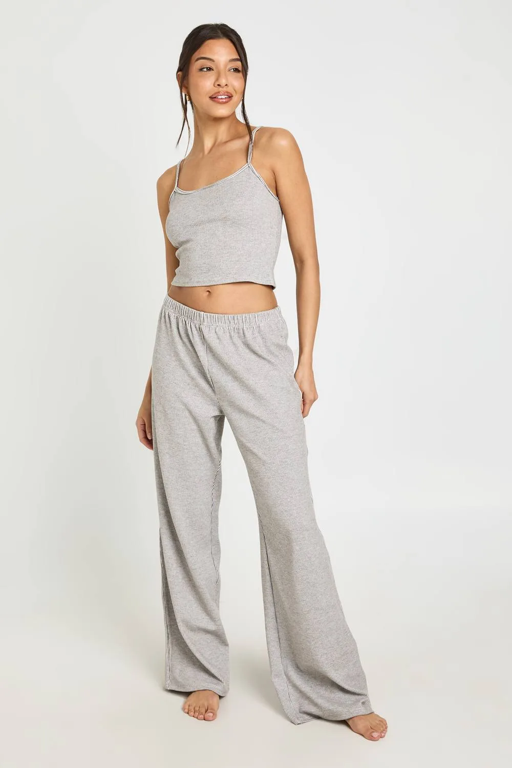 Contrast Rib Cami & Trouser Pyjama Set by boohoo