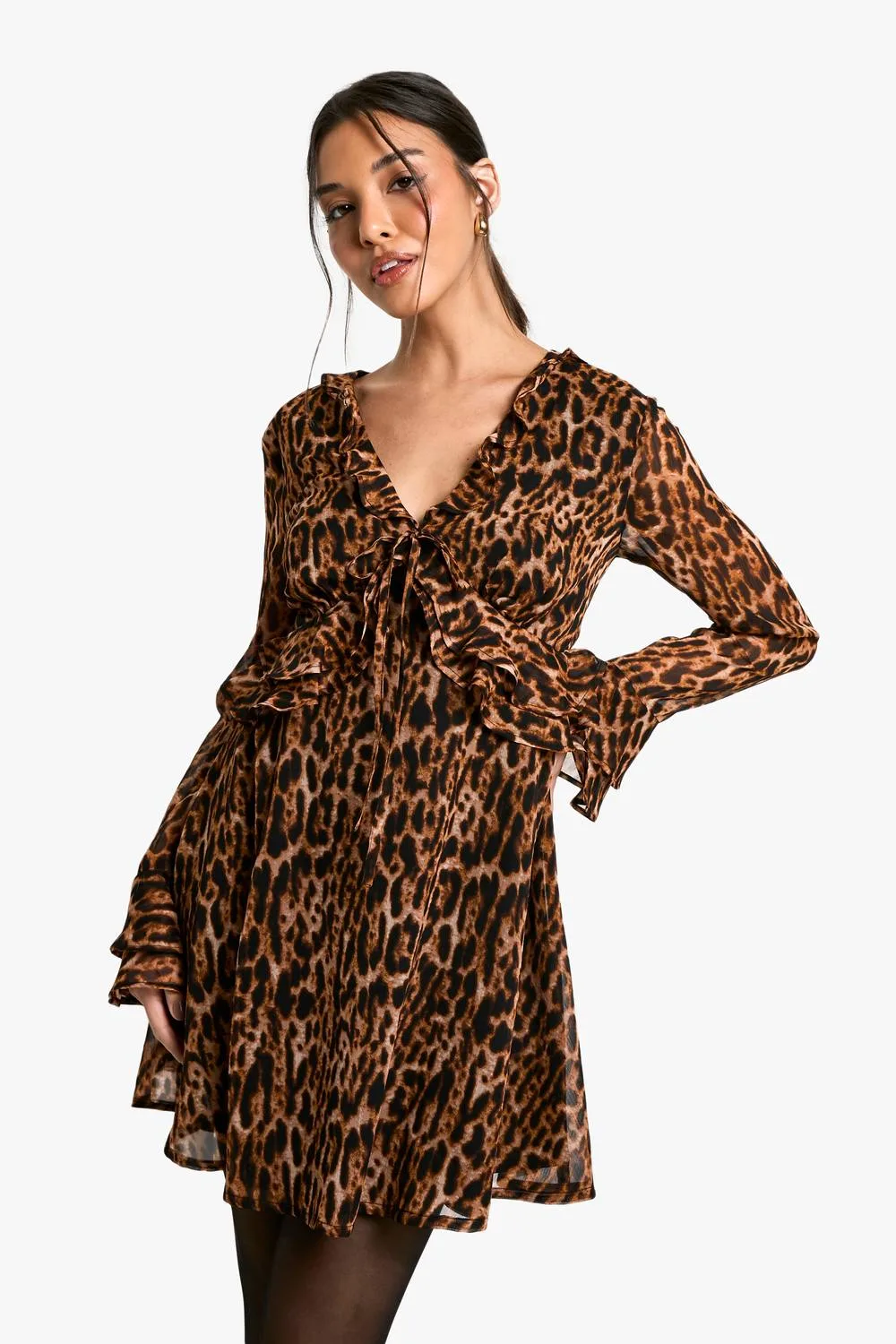 Leopard Ruffle Sleeve Mini Dress by boohoo