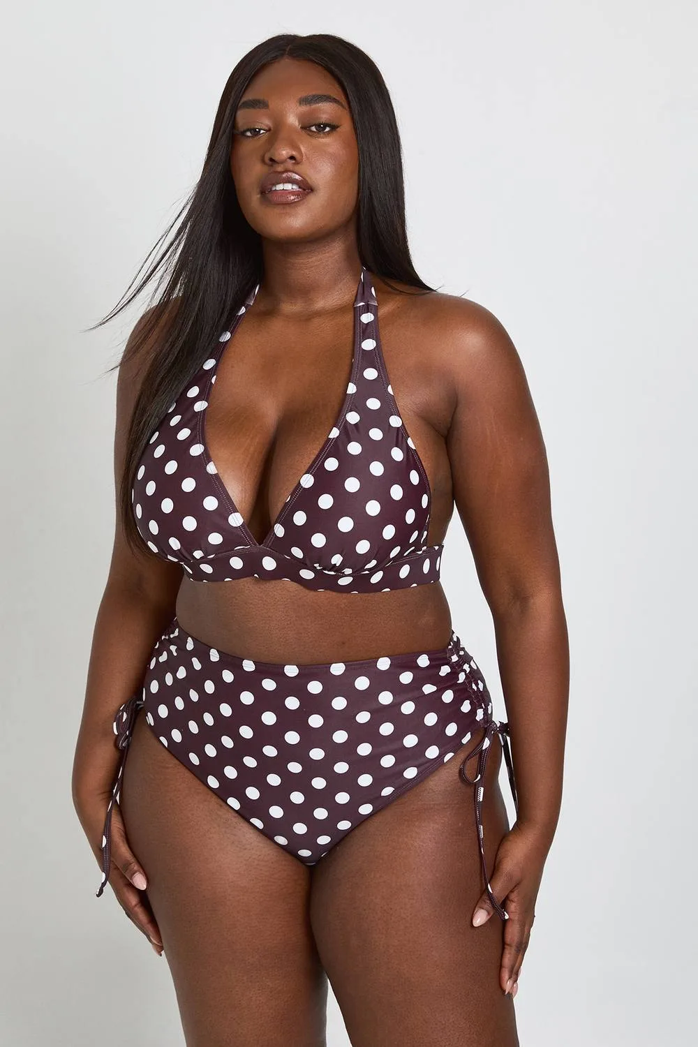 Polka Dot Tummy Control High Waist & Plunge Bikini Top by boohoo