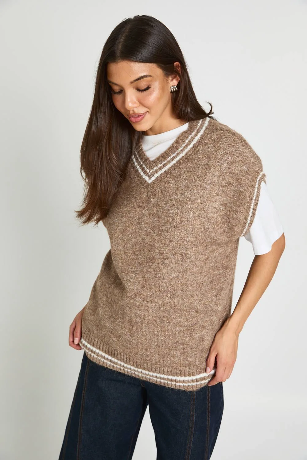 Stripe Detail Oversized V Neck Knitted Tank Top by boohoo