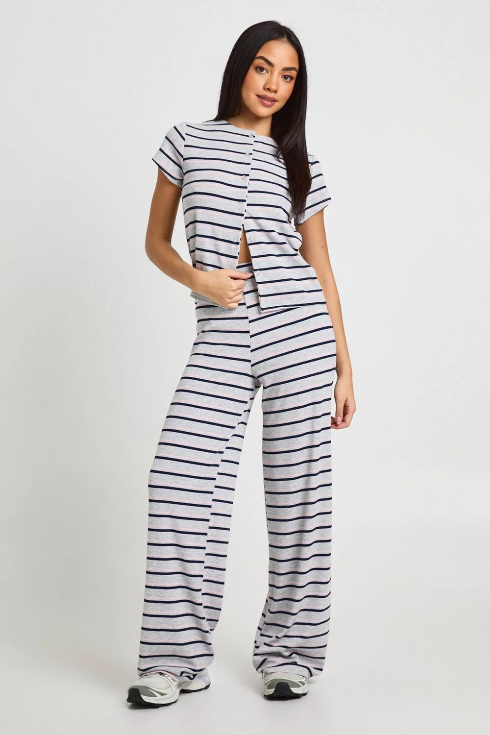 Stripe Rib Button Through Cap Sleeve Top & Trouser Set by boohoo