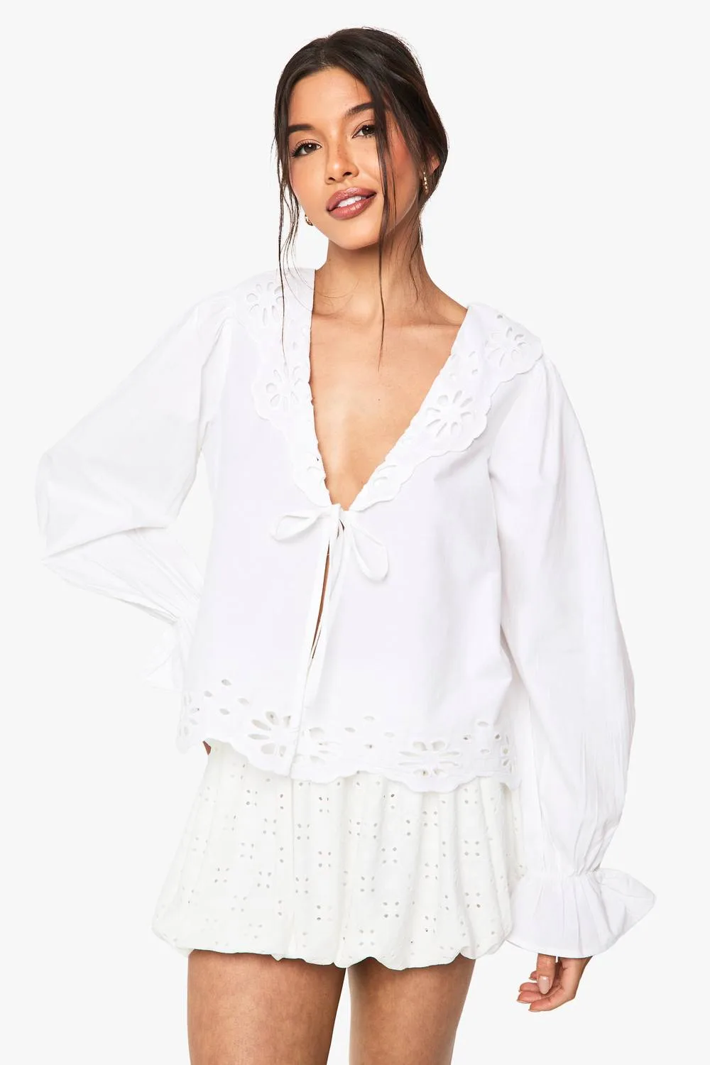 Cutwork Broderie Tie Front Blouse by boohoo