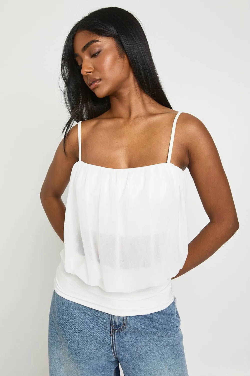 Sheer Deep Hem Strappy Top by boohoo