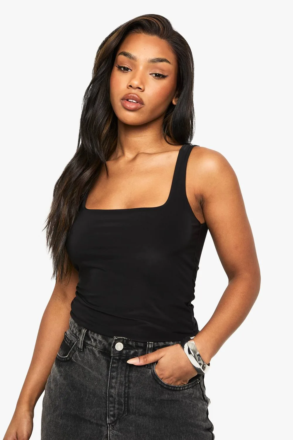 Double Layer Slinky Square Neck Vest Top by boohoo