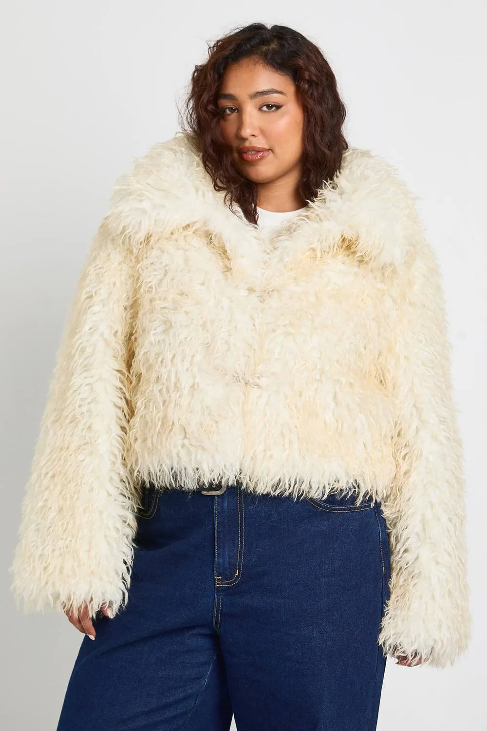 Button Detail Faux Fur Jacket by boohoo