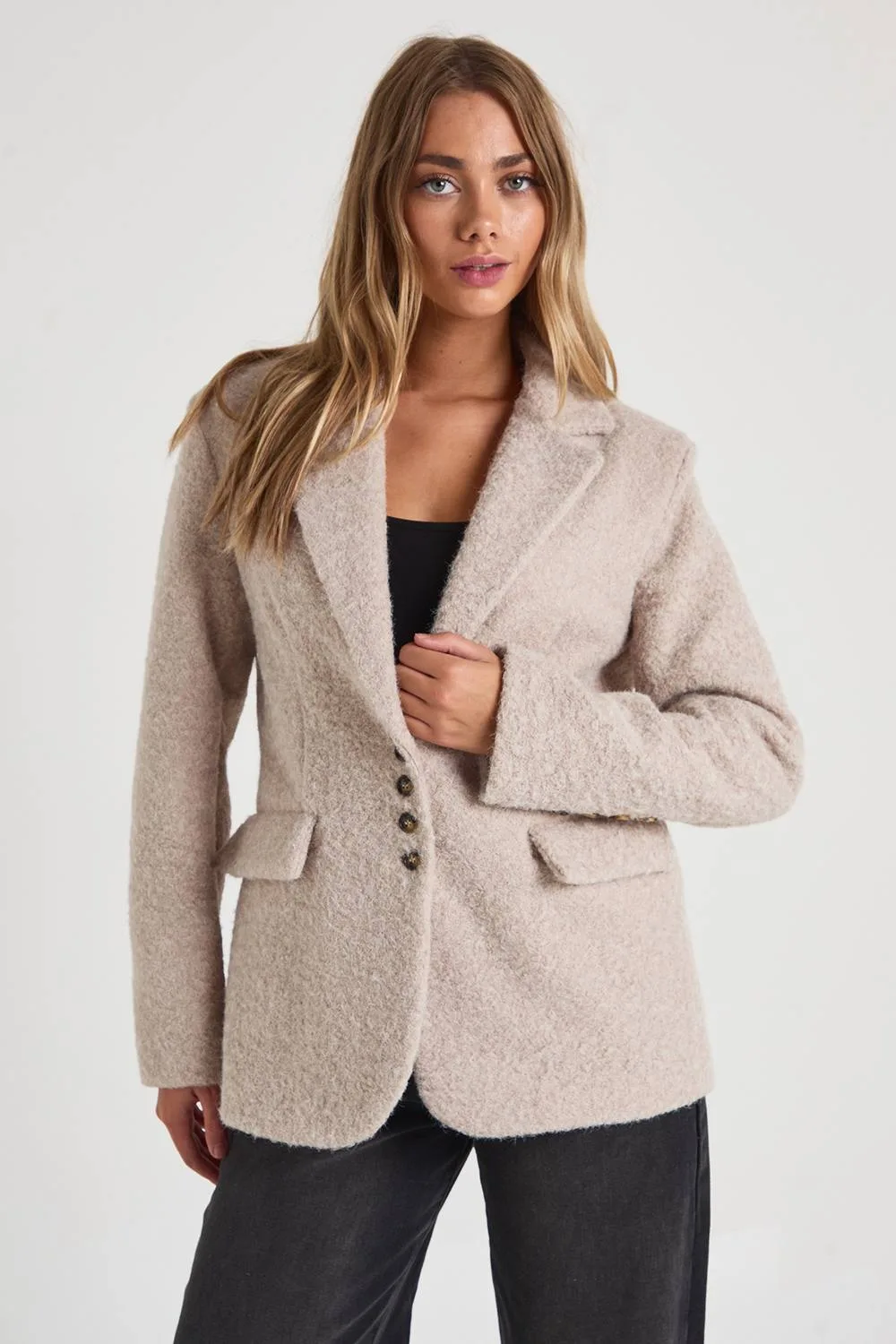 Wool Look Fluffy Oversized Blazer Jacket - Stone by boohoo