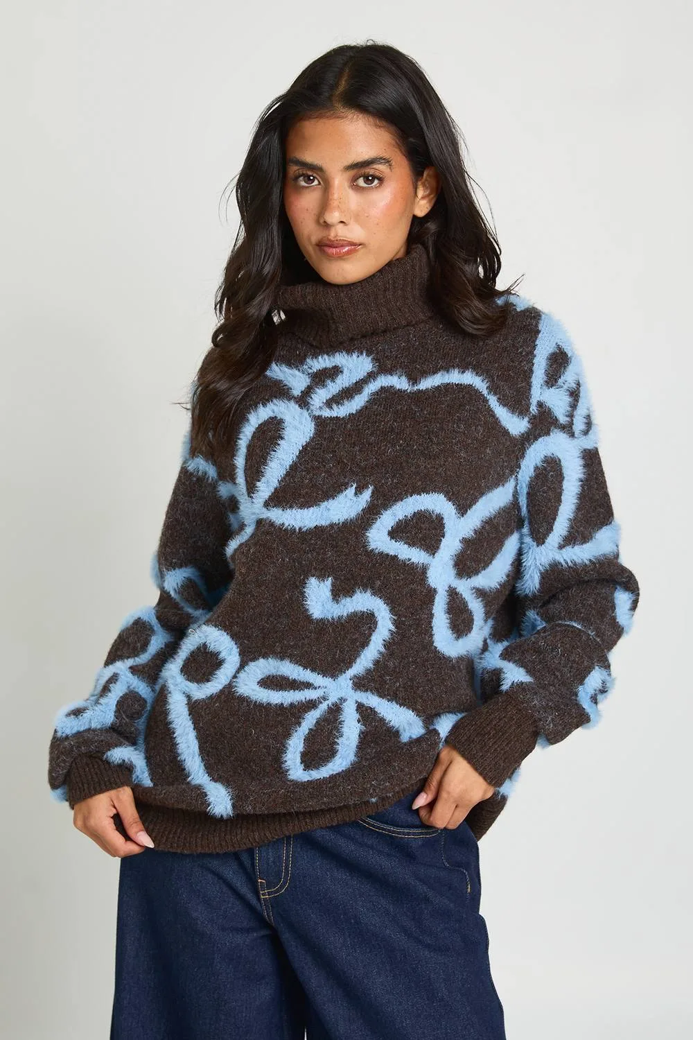 All Over Bow Print Roll Neck Jumper by boohoo
