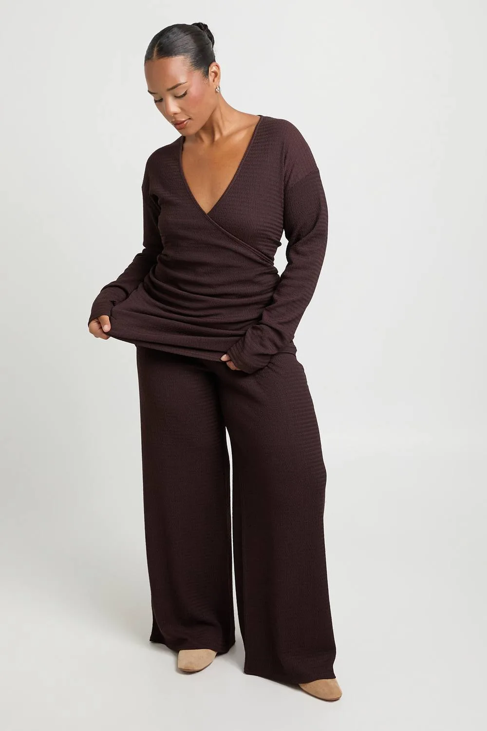 Long Sleeve Wrap Top & Trouser Co Ord by boohoo