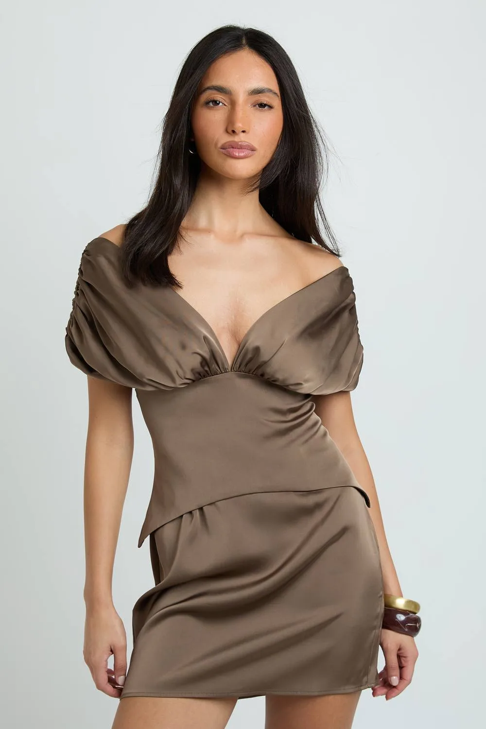 Satin Bardot Ruched Detail Mini Dress by boohoo
