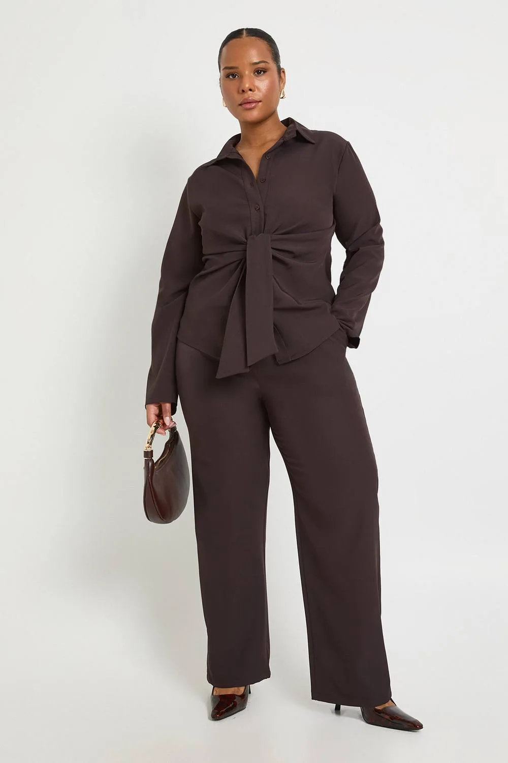 Tied Front Woven Shirt & Wide Leg Trouser by boohoo
