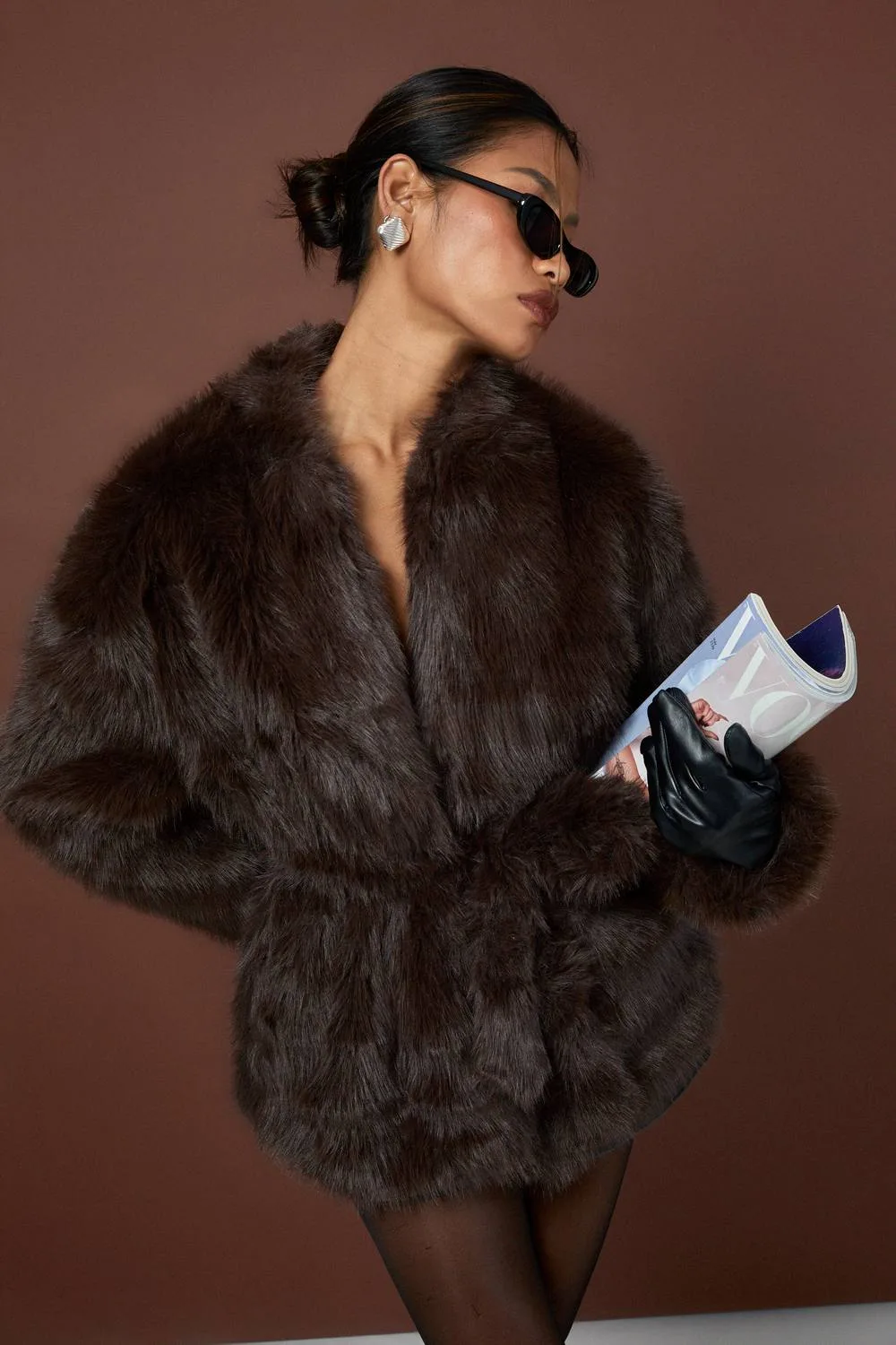 Collarless Belted Faux Fur Jacket by boohoo